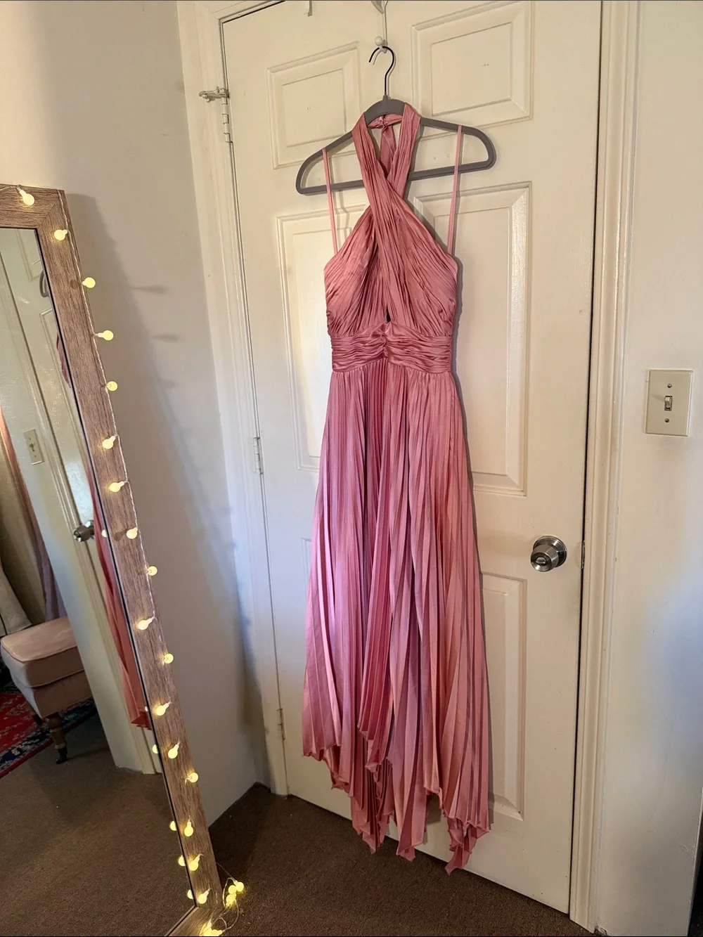 MAC DUGGAL Pleated A-Line Asymmetrical Halter Gown
